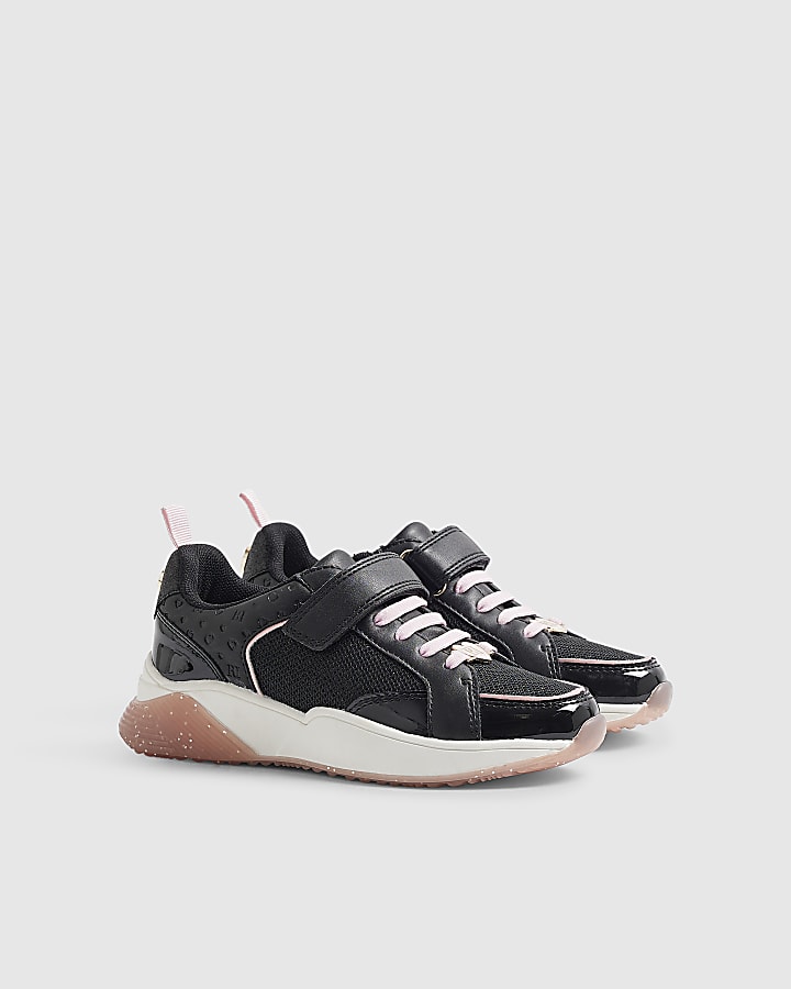 Girls Black Mixed Monogram Bow Trainers