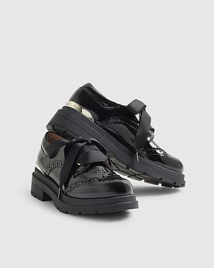 Girls Black Chunky Lace Up Brogue Shoes