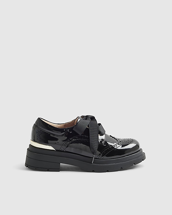 Girls Black Chunky Lace Up Brogue Shoes