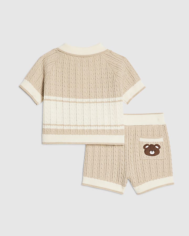 Baby Boys Beige 3D Bear Polo Shirt Set