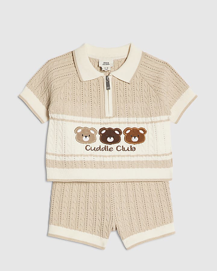 Baby Boys Beige 3D Bear Polo Shirt Set