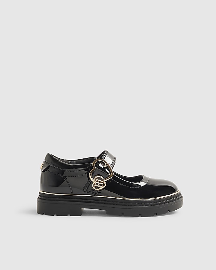 Girls Black Double Heart Mary Jane Shoes