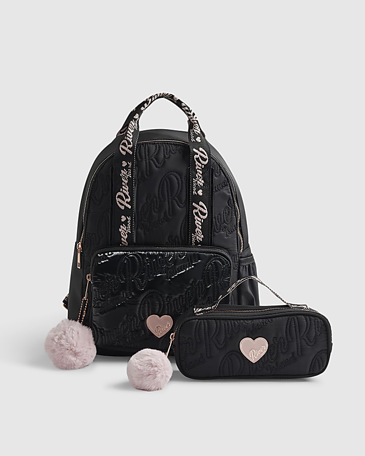 Girls Black Quilted Backpack and Pencil Case