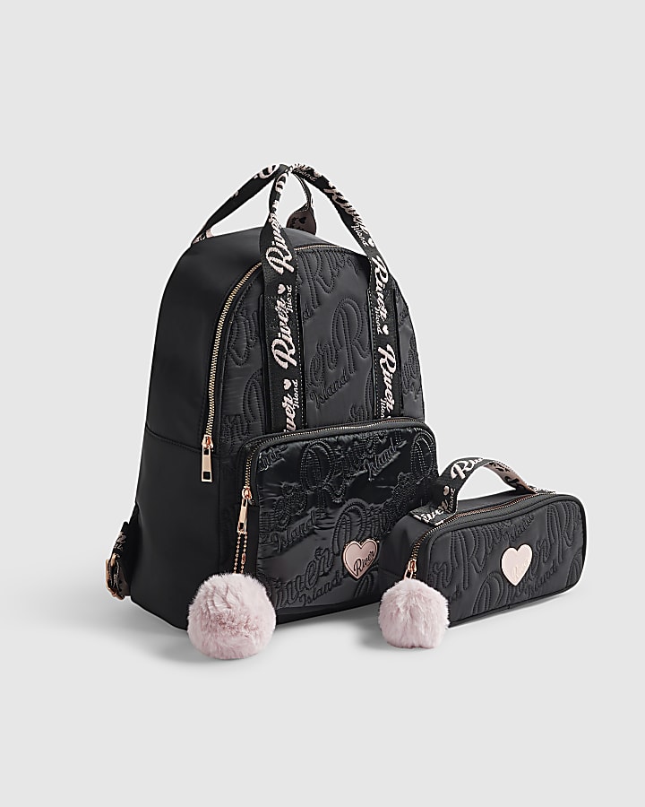 Girls Black Quilted Backpack and Pencil Case