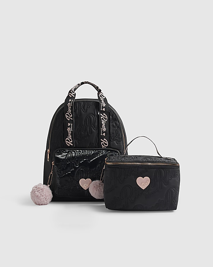 Girls Black Quilted Backpack And Lunchbox Set