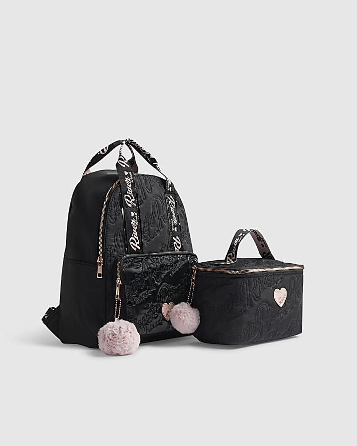 Girls Black Quilted Backpack And Lunchbox Set