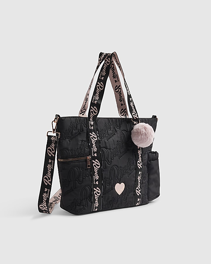 Girls Black Nylon Quilted Shopper Bag