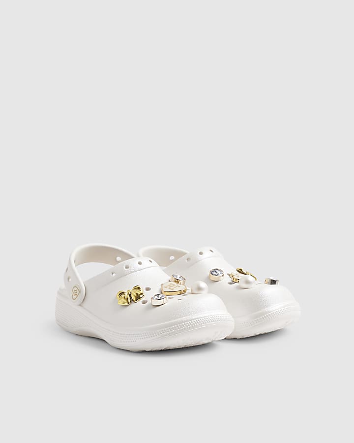 Girls White Charm Clogs