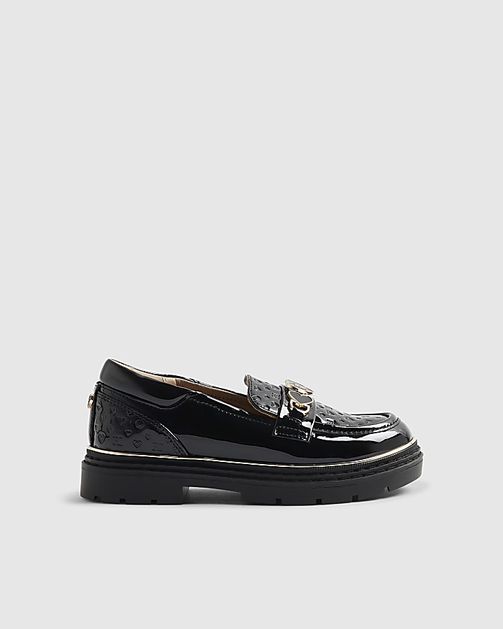 Girls Black Heart Snaffle Loafer Shoes