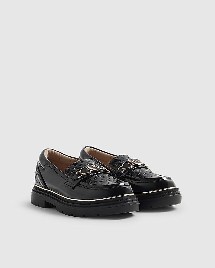 Girls Black Heart Snaffle Loafer Shoes