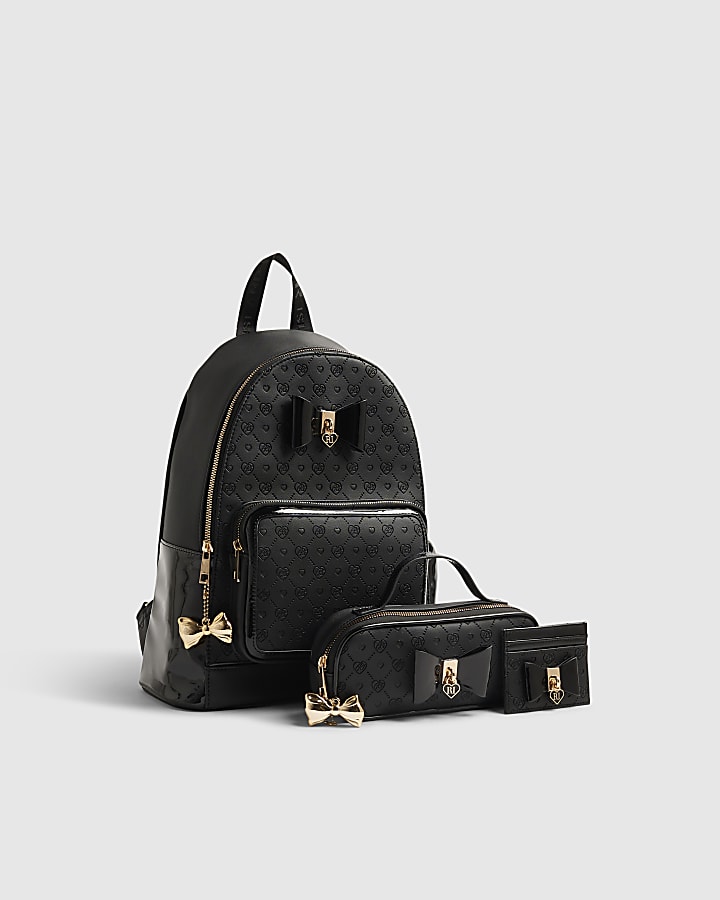 Girls Black Faux Leather Backpack Bundle Of 3