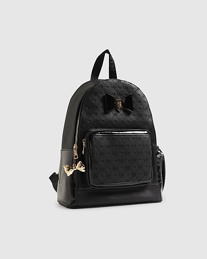 Girls Black Faux Leather Padlock Bow Backpack