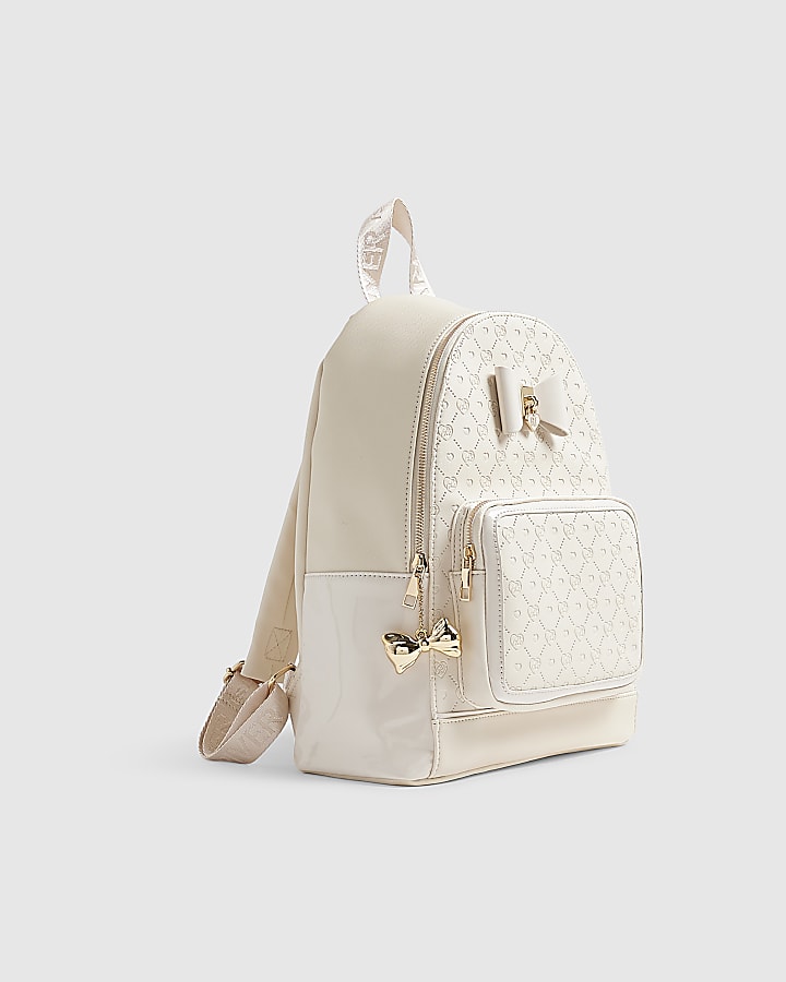 Girls Cream Faux Leather Bow Backpack
