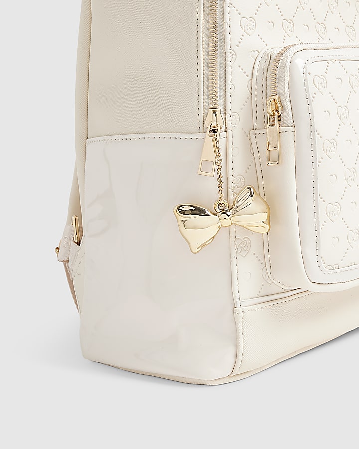 Girls Cream Faux Leather Bow Backpack
