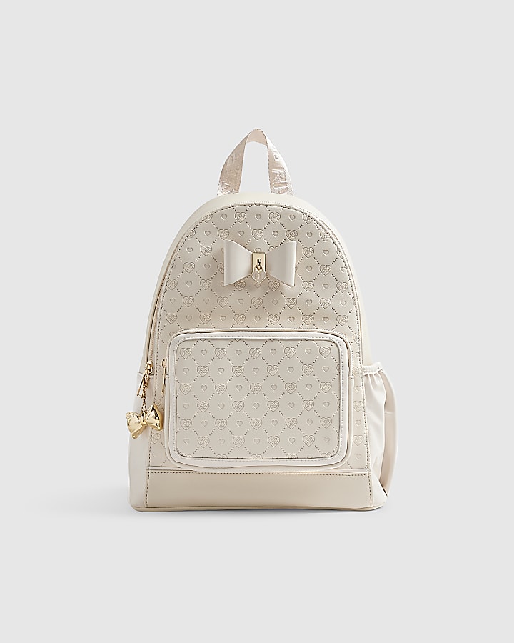 Girls Cream Faux Leather Bow Backpack