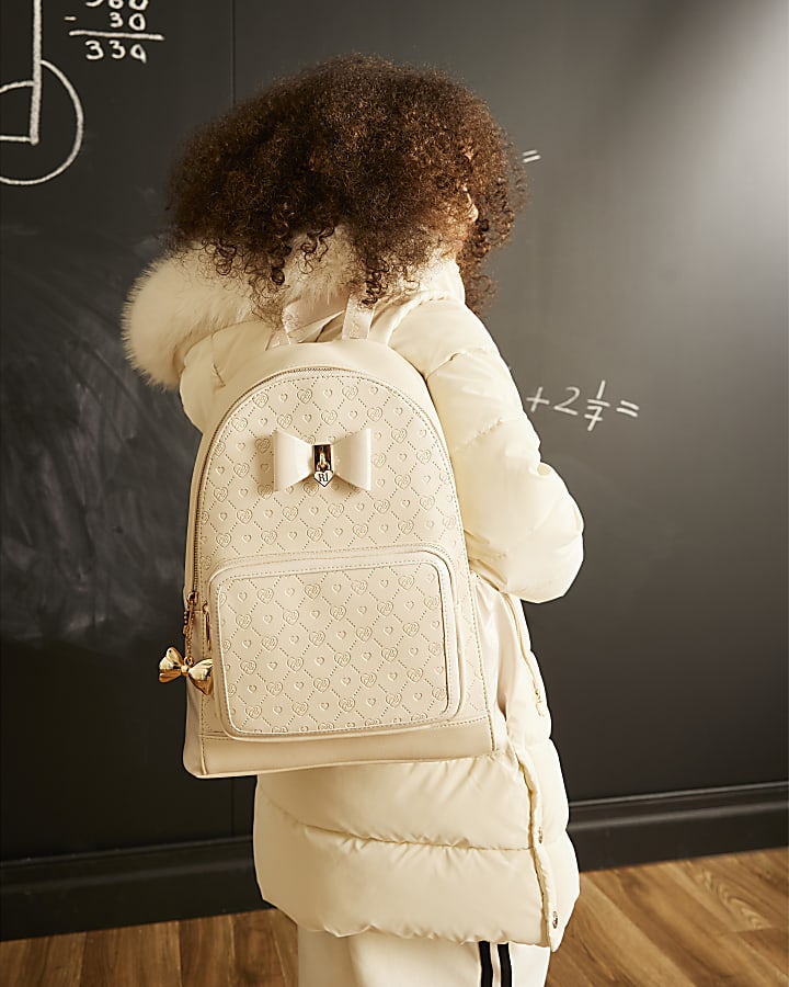 Girls Cream Faux Leather Bow Backpack