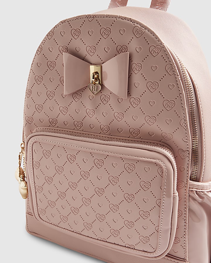 Girls Pink Faux Leather Monogram Backpack