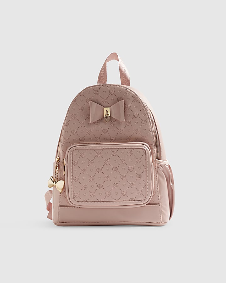 Girls Pink Faux Leather Monogram Backpack