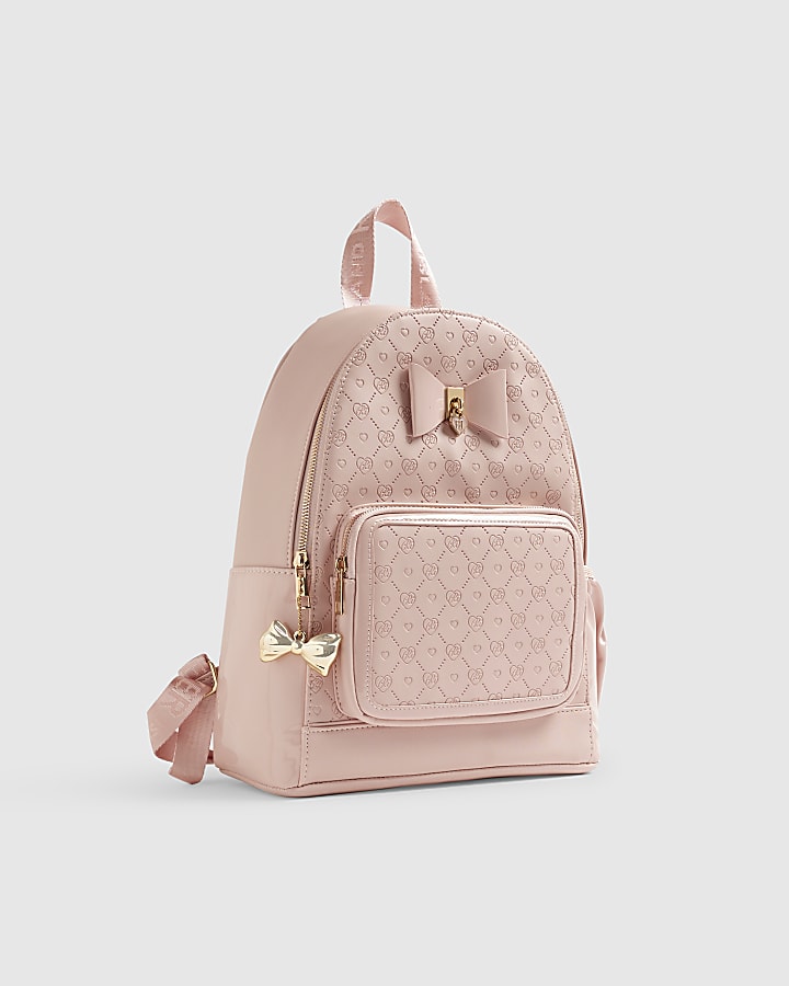 Girls Pink Faux Leather Monogram Backpack