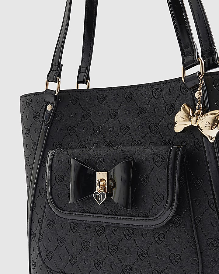 Girls Black Padlock Bow Monogram Shopper Bag