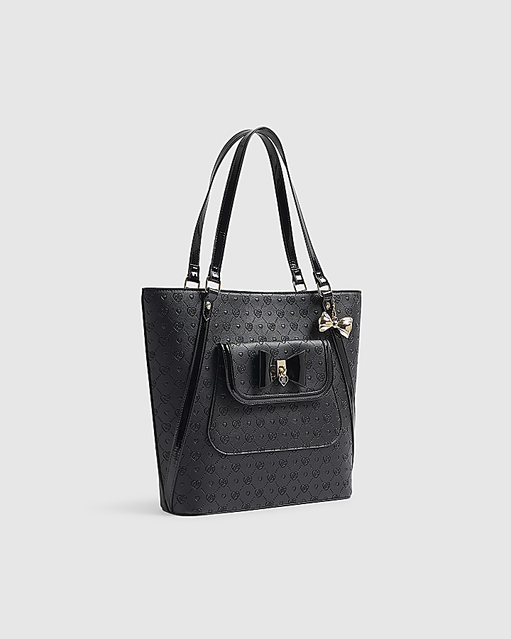 Girls Black Padlock Bow Monogram Shopper Bag