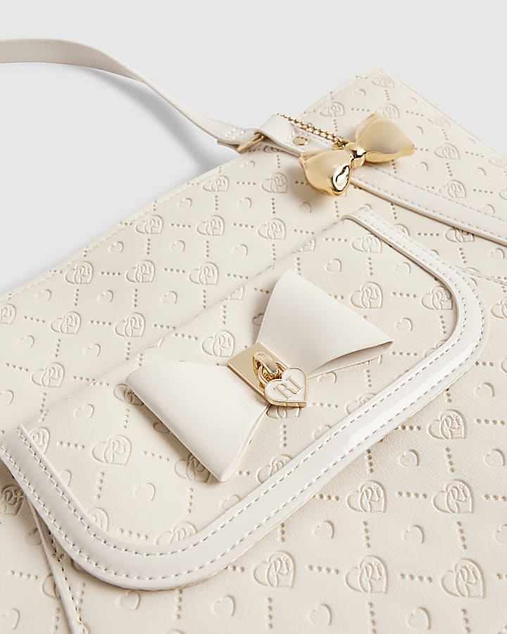 Girls Cream Monogram Padlock Bow Shopper Bag