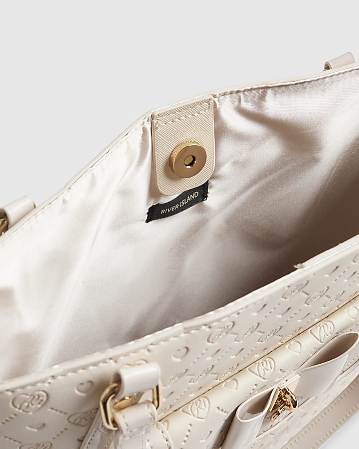 Girls Cream Monogram Padlock Bow Shopper Bag