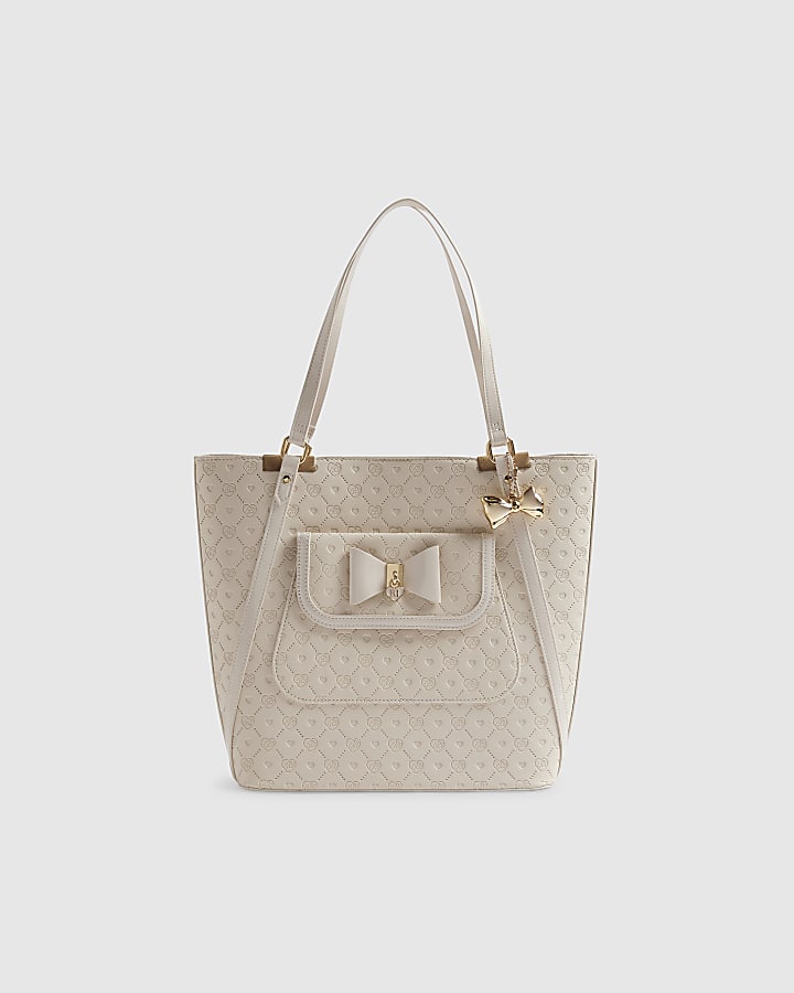 Girls Cream Monogram Padlock Bow Shopper Bag