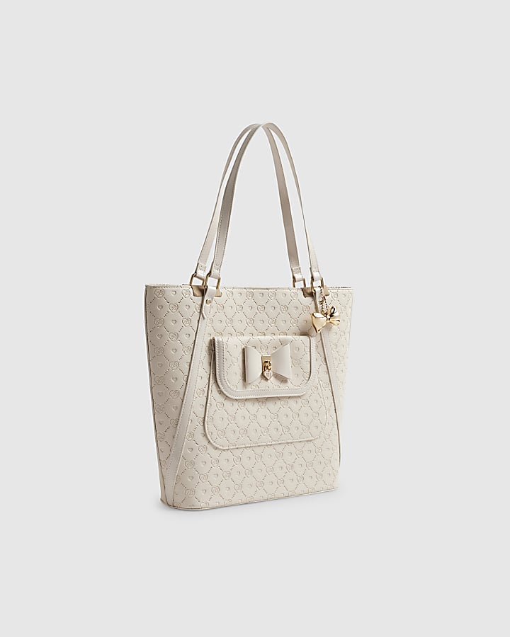 Girls Cream Monogram Padlock Bow Shopper Bag