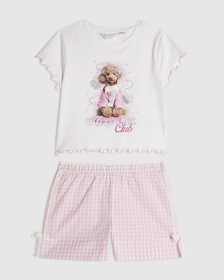 Girls White Puppy Gingham Pyjamas