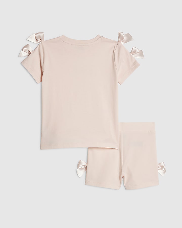 Mini Girls Pink Satin Bow Cycling Shorts Set