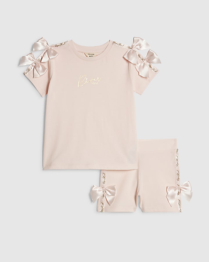 Mini Girls Pink Satin Bow Cycling Shorts Set