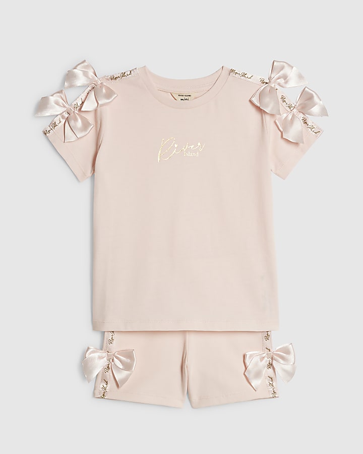 Mini Girls Pink Satin Bow Cycling Shorts Set