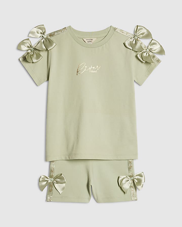 Mini Girls Green Satin Bow Cycling Shorts Set