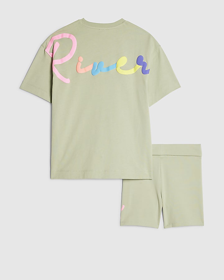 Girls Khaki Neon Text T-Shirt and Shorts Set