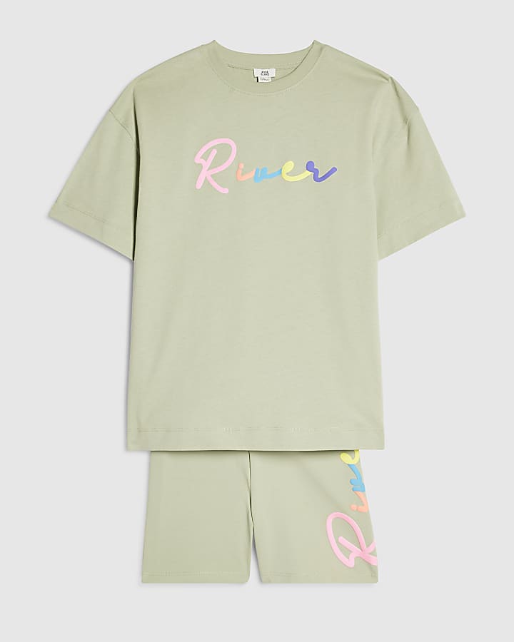 Girls Khaki Neon Text T-Shirt and Shorts Set