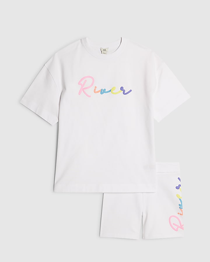 Girls White Script T-Shirt And Shorts Set
