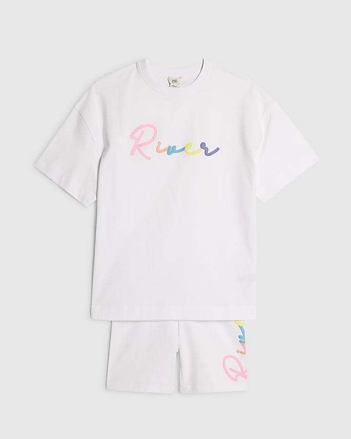 Girls White Script T-Shirt And Shorts Set