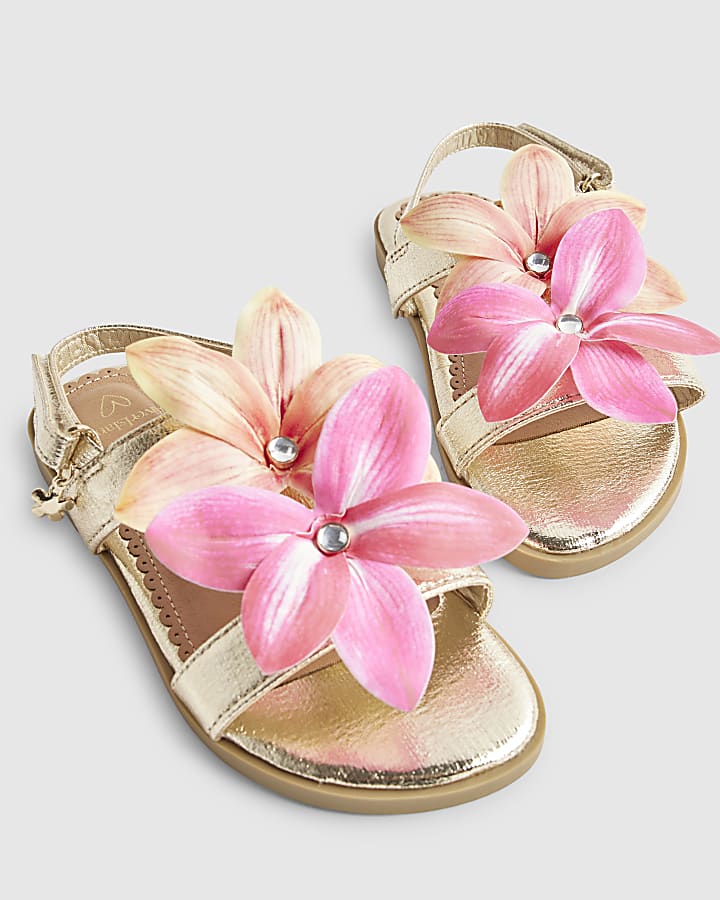 Girls Gold 3D Flower Sandals