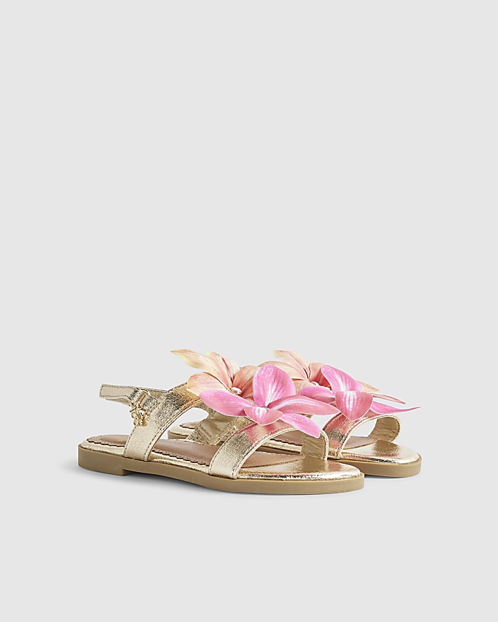Girls Gold 3D Flower Sandals