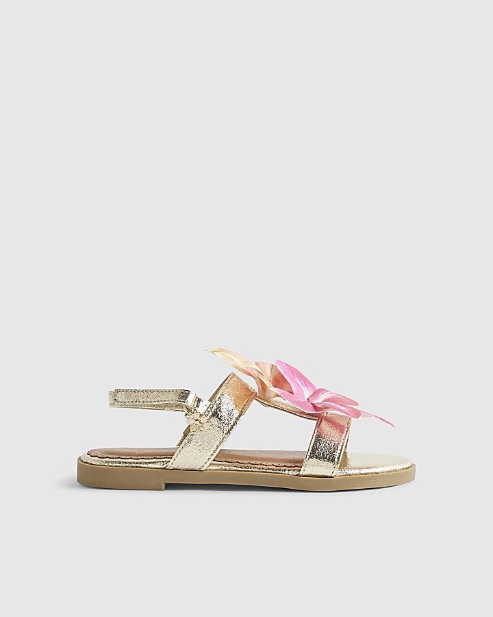 Girls Gold 3D Flower Sandals