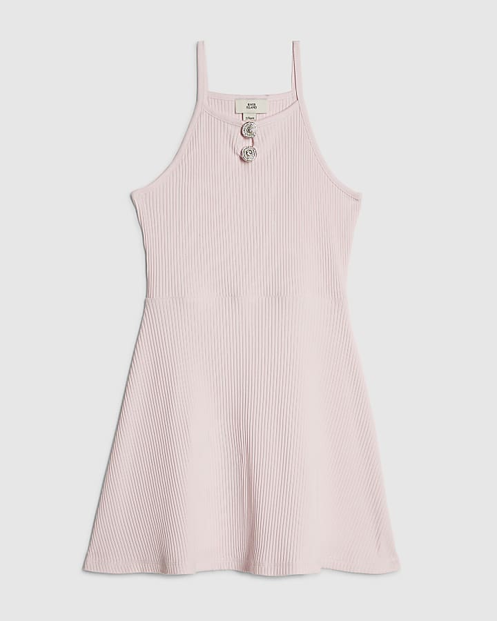 Girls Pink Halter Neck Ribbed Dress