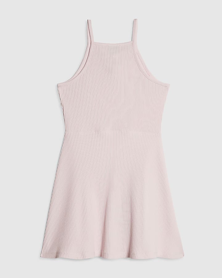 Girls Pink Halter Neck Ribbed Dress