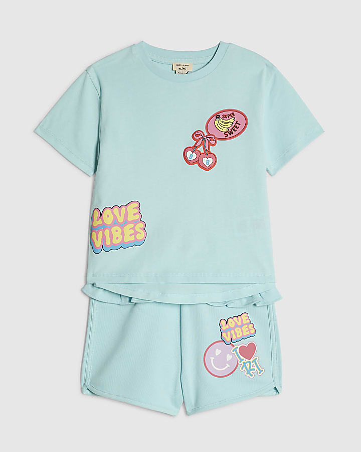 Mini Girls Blue Love Vibes Shorts Set