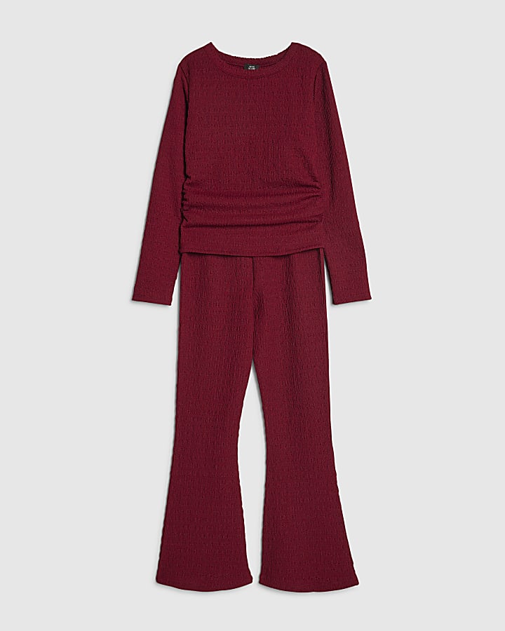 Girls Red Ruched Textured T-Shirt Set