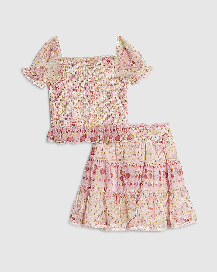 Girls Pink Cherry Chiffon Top & Skirt Set