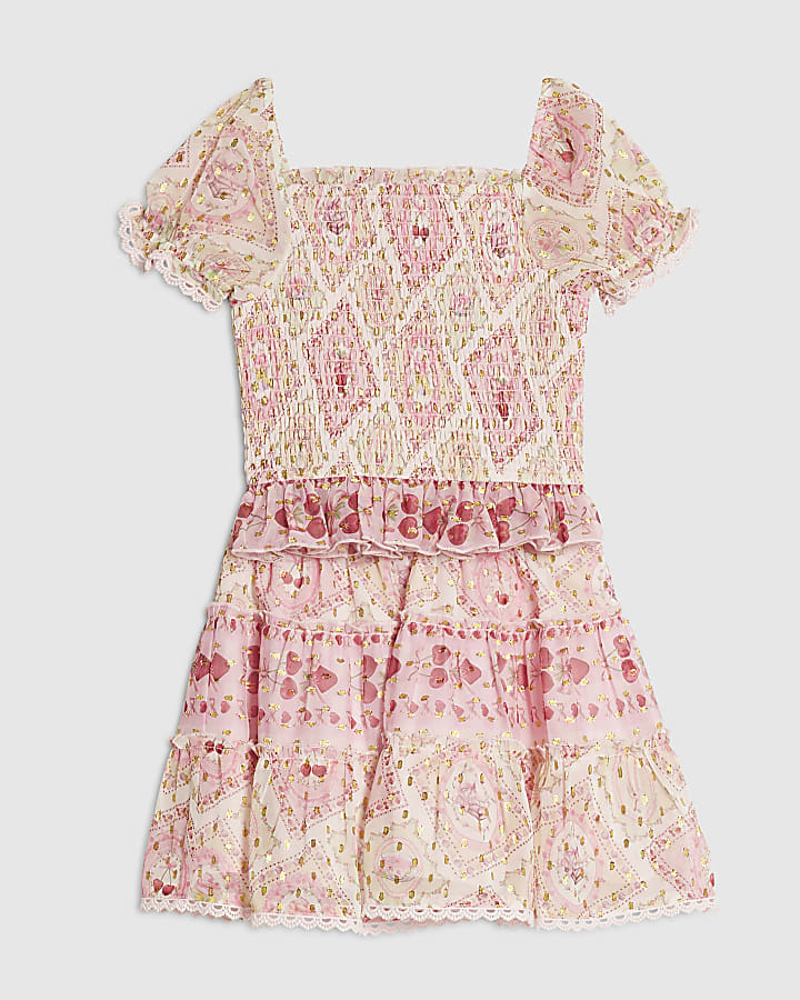 Girls Pink Cherry Chiffon Top & Skirt Set