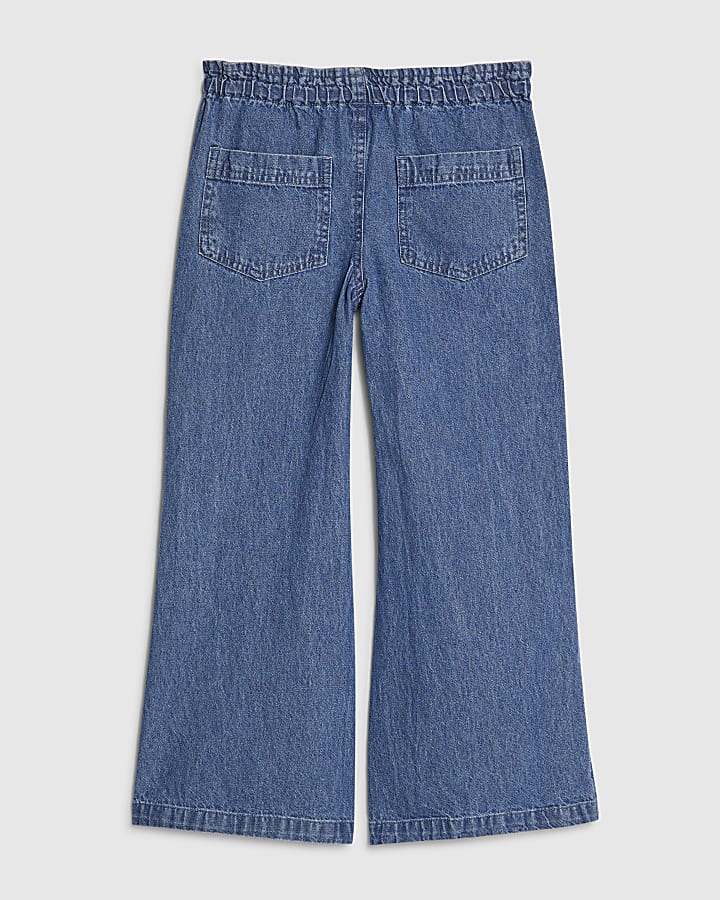 Girls Blue Tie Waist Wide Leg Jeans