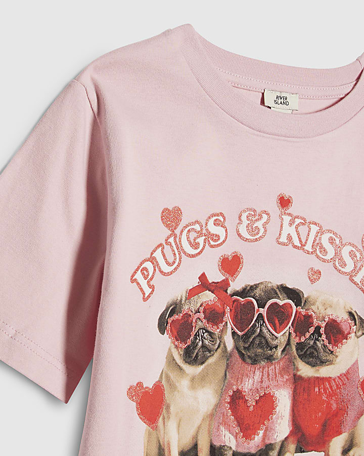 Girls Pink Pugs and Kisses Crop T-Shirt