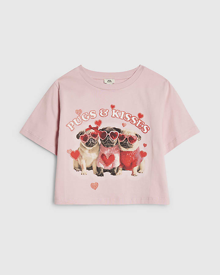 Girls Pink Pugs and Kisses Crop T-Shirt